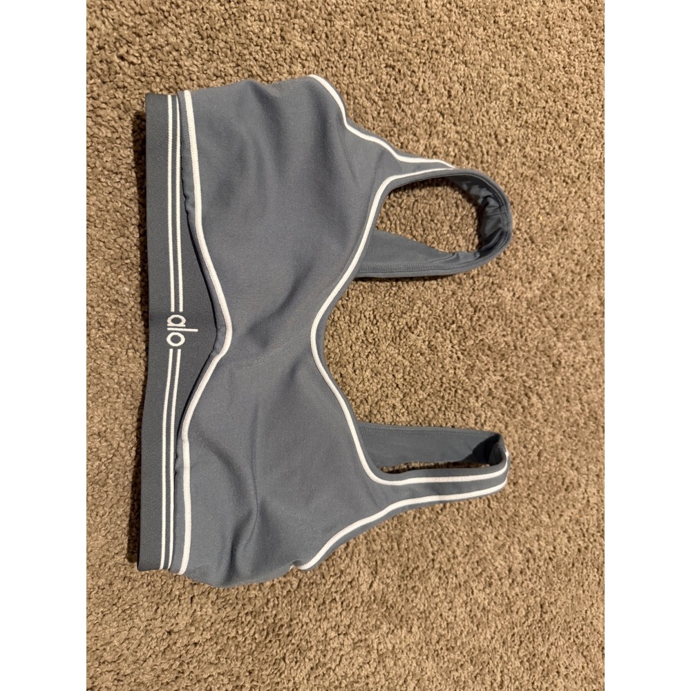 Alo Yoga Airbrush heart throb Sports Bra Blue Grey Steel White Piping Small